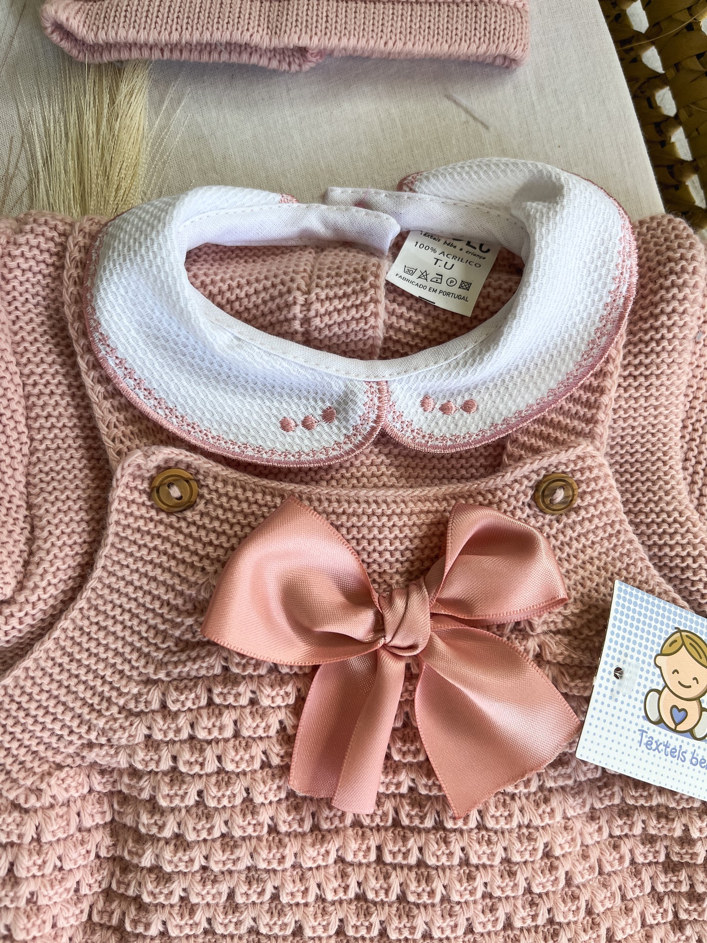 Conjunto de malha bebé 3 peças rosa velho