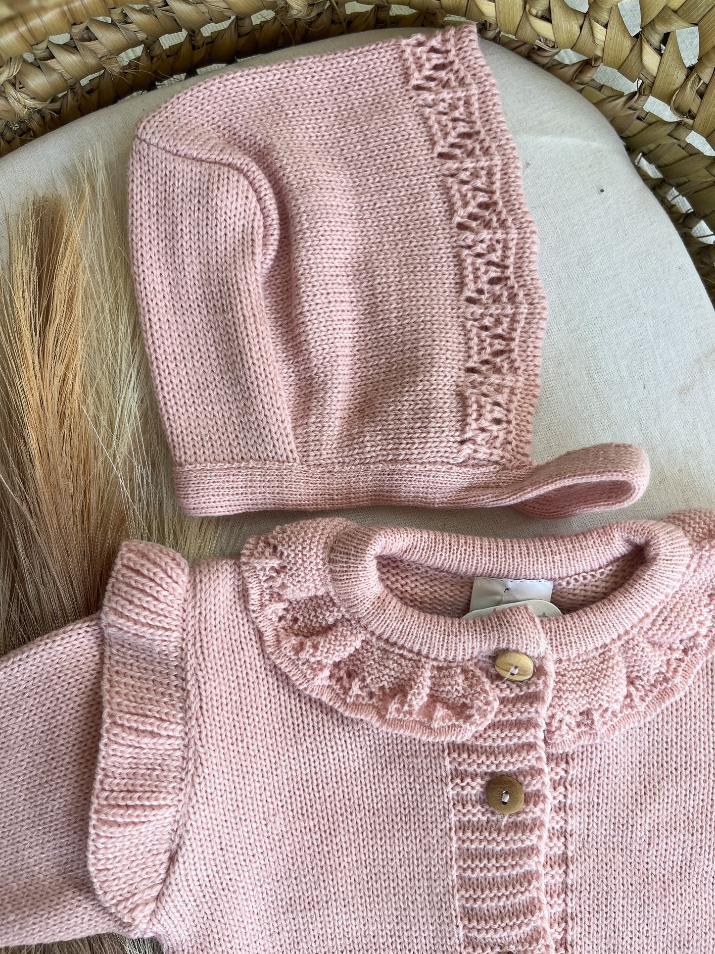 Conjunto de malha bebé 3 peças rosa velho