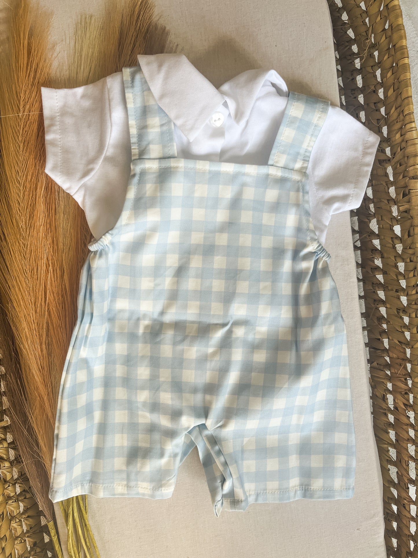 Conjunto de jardineira com blusa bebé menino azul