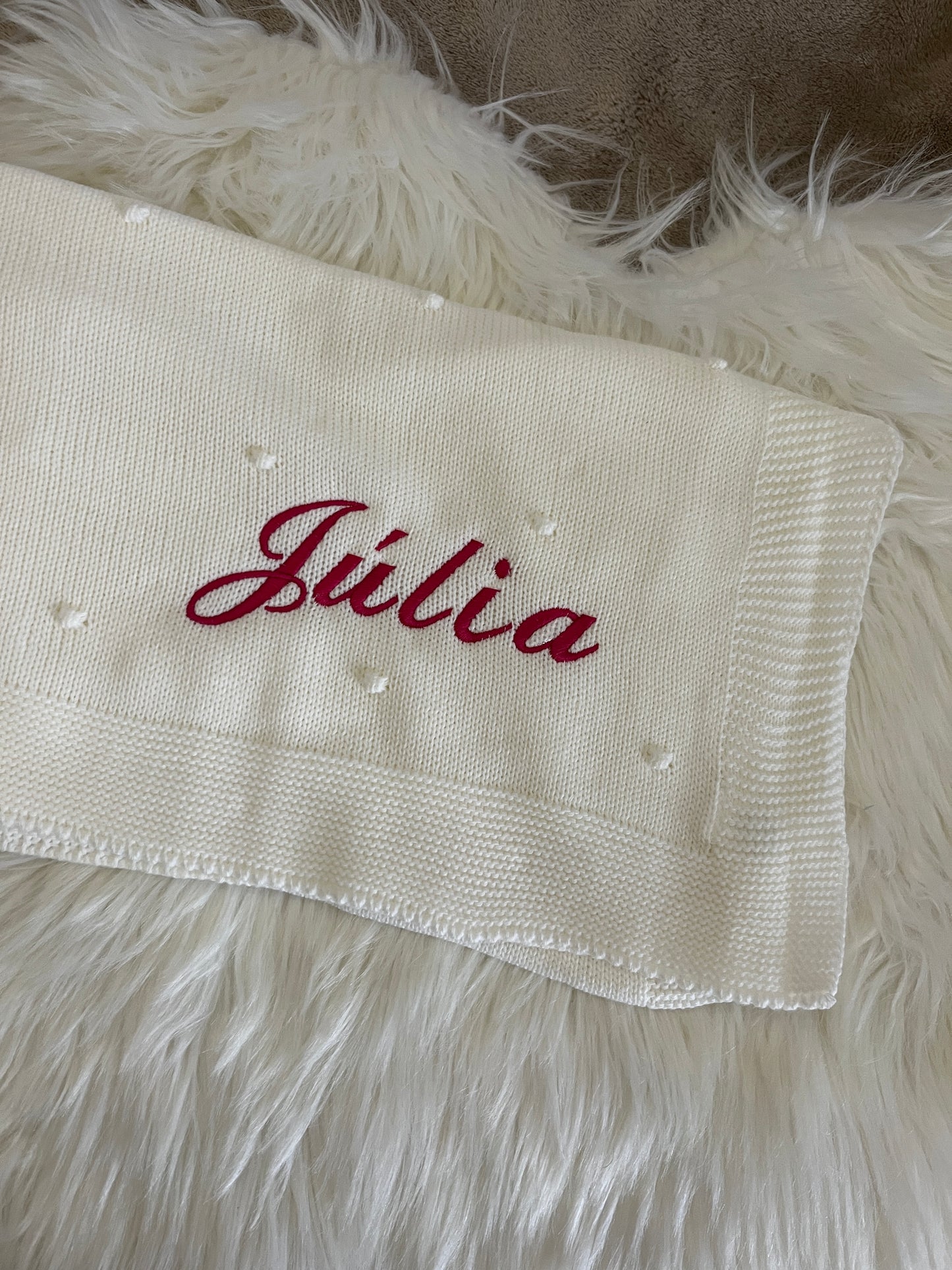 Manta de malha branco pérola para bebé personalizável com nome