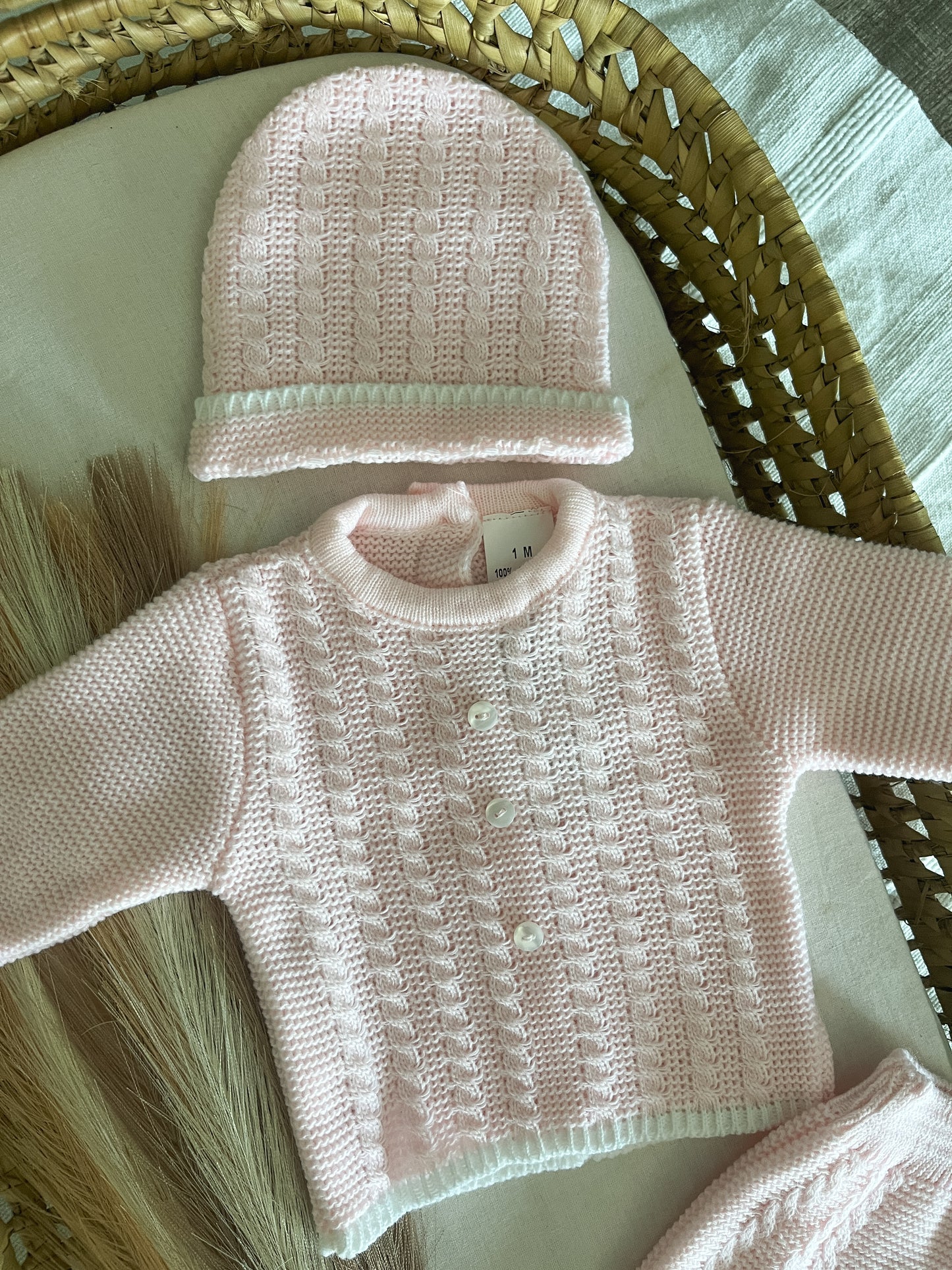 Conjunto de malha 3 peças bebé rosa bebé