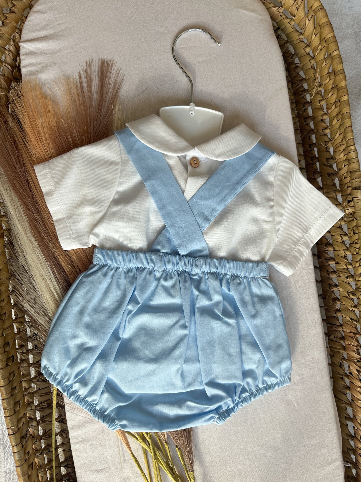 Conjunto de fofo/jardineira com blusa bebé menino azul