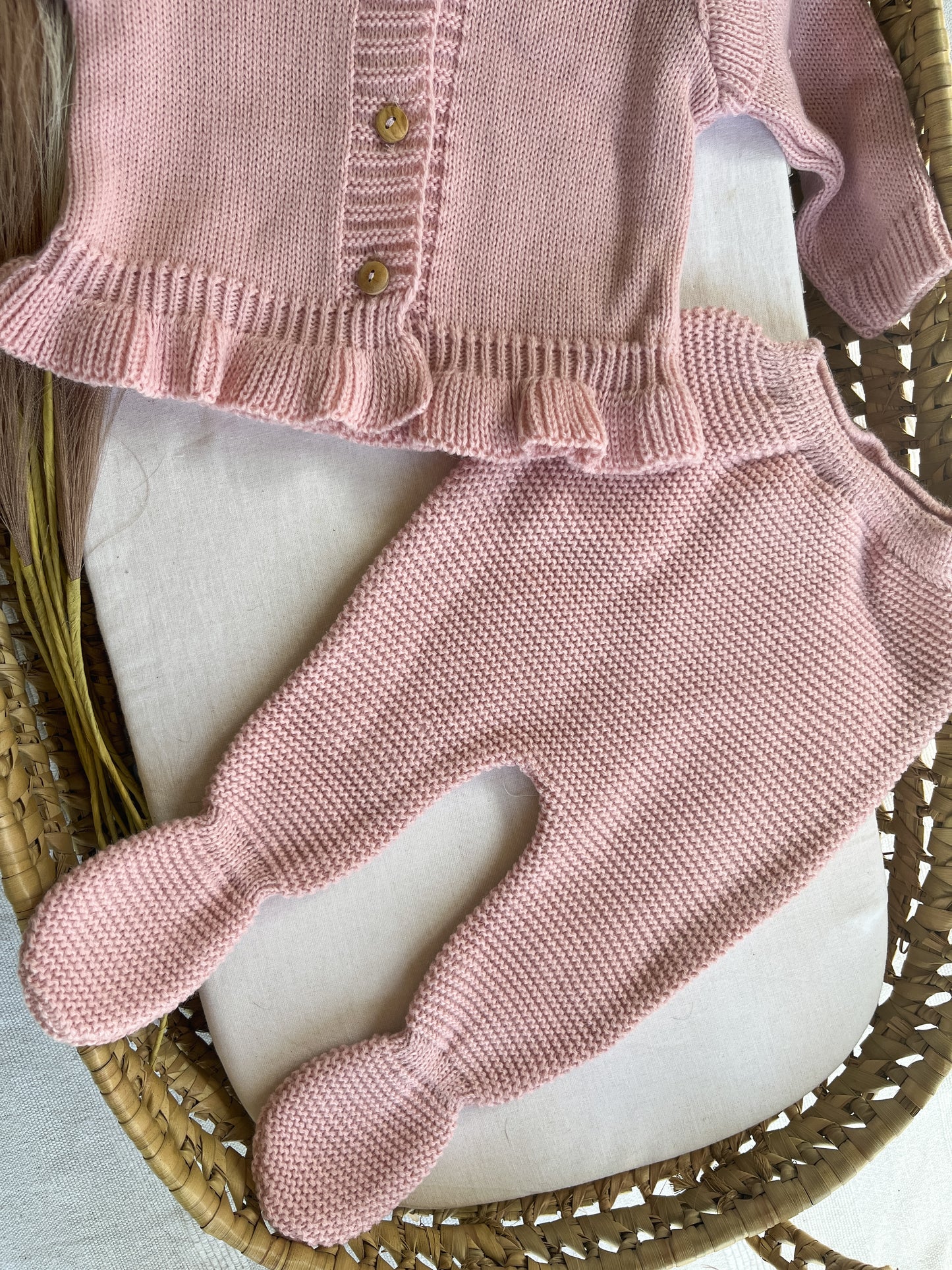 Conjunto de malha bebé 3 peças rosa velho