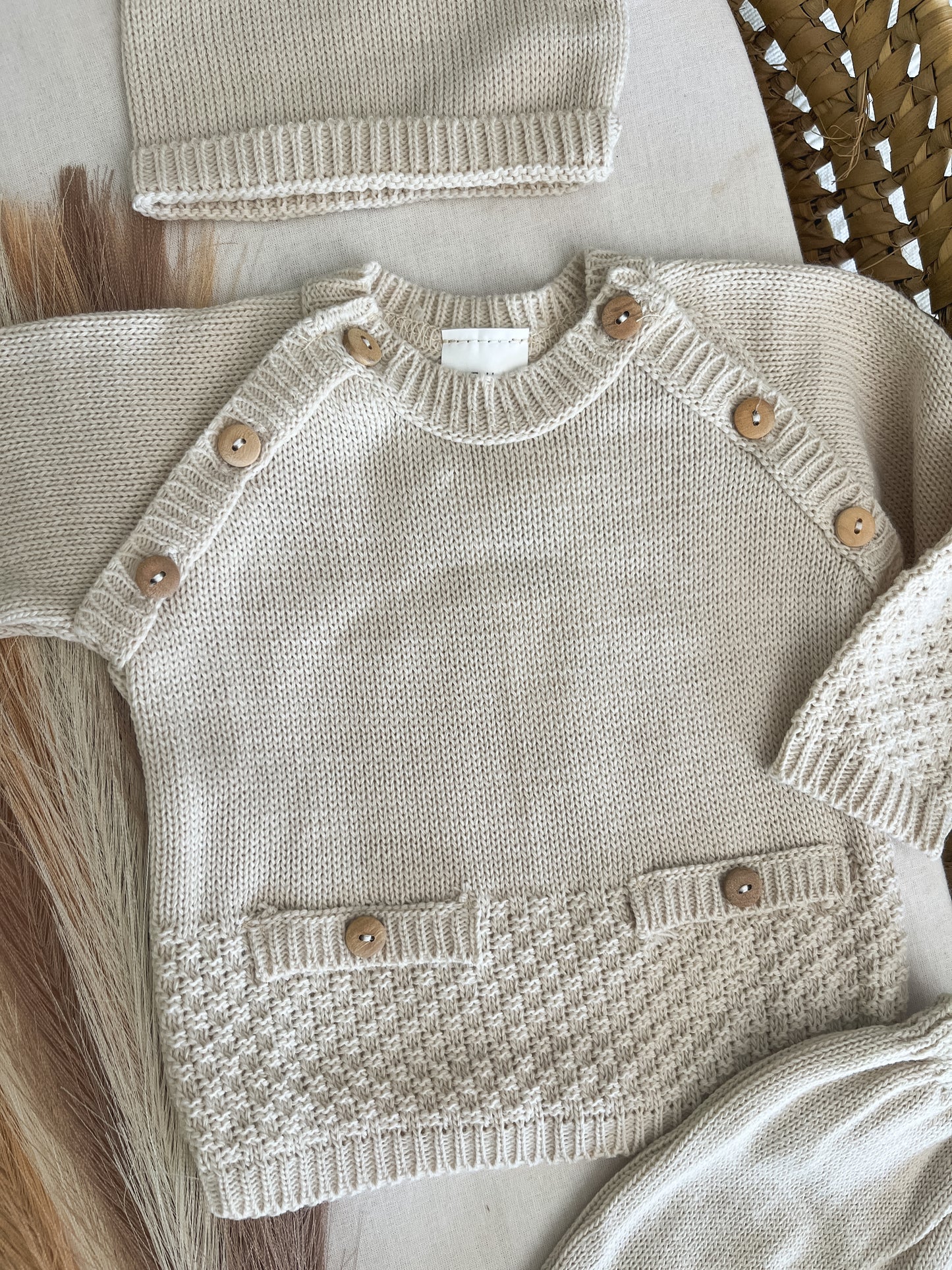 Conjunto de malha 3 peças bebé bege