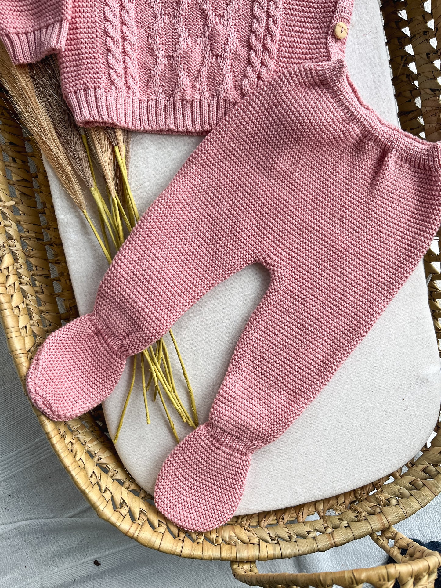 Conjunto de malha bebé 3 peças rosa velho