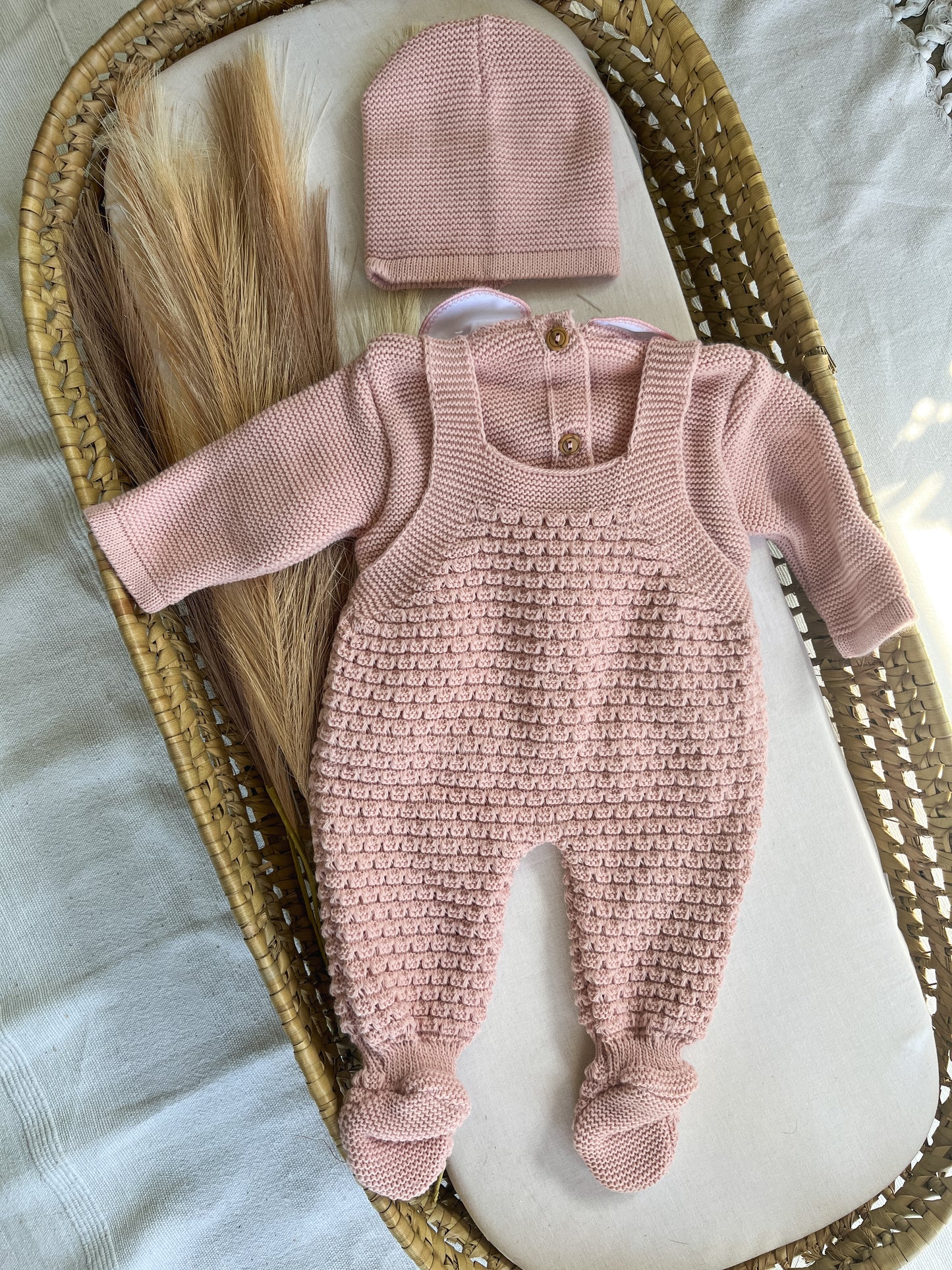Conjunto de malha bebé 3 peças rosa velho