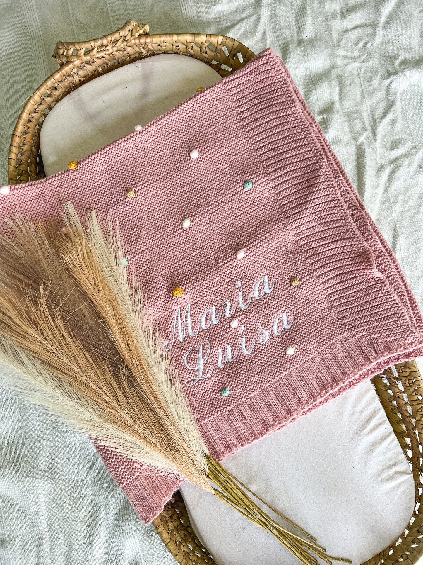 Manta de malha rosa velho para bebé personalizável com nome