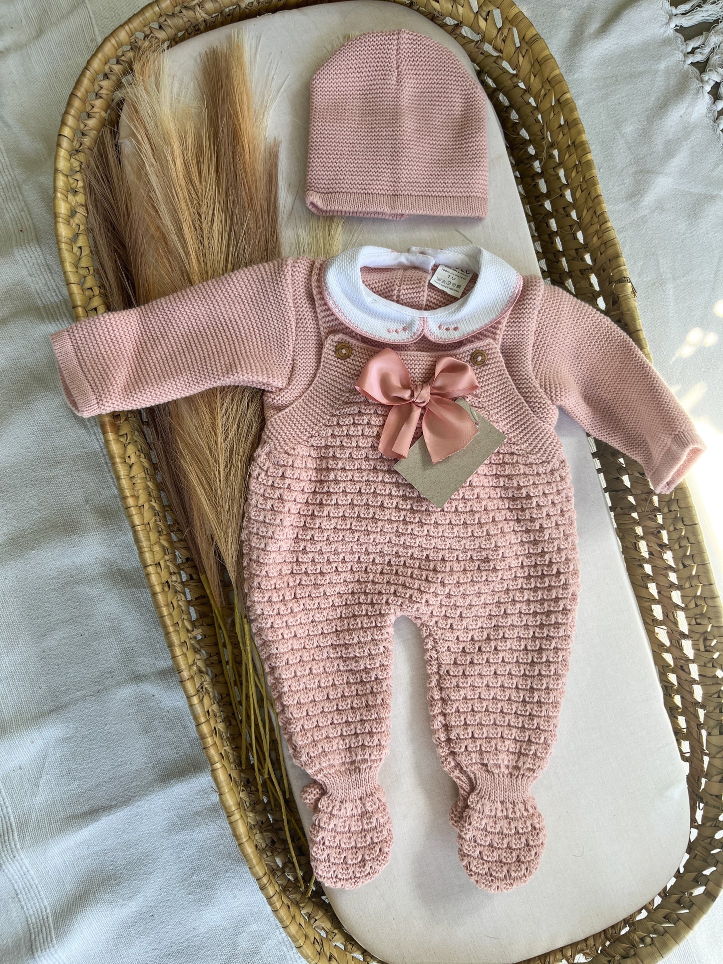 Conjunto de malha bebé 3 peças rosa velho