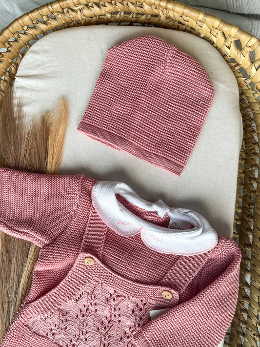 Conjunto de malha bebé 3 peças rosa velho