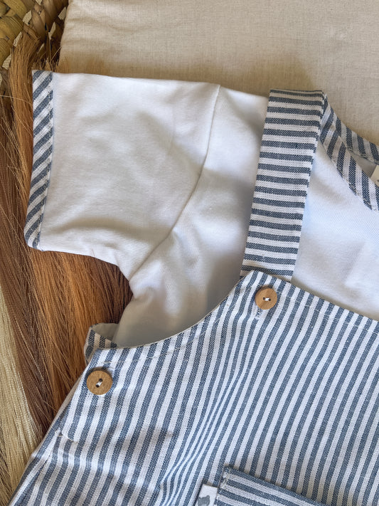 Conjunto de jardineira com blusa bebé menino azul marinho