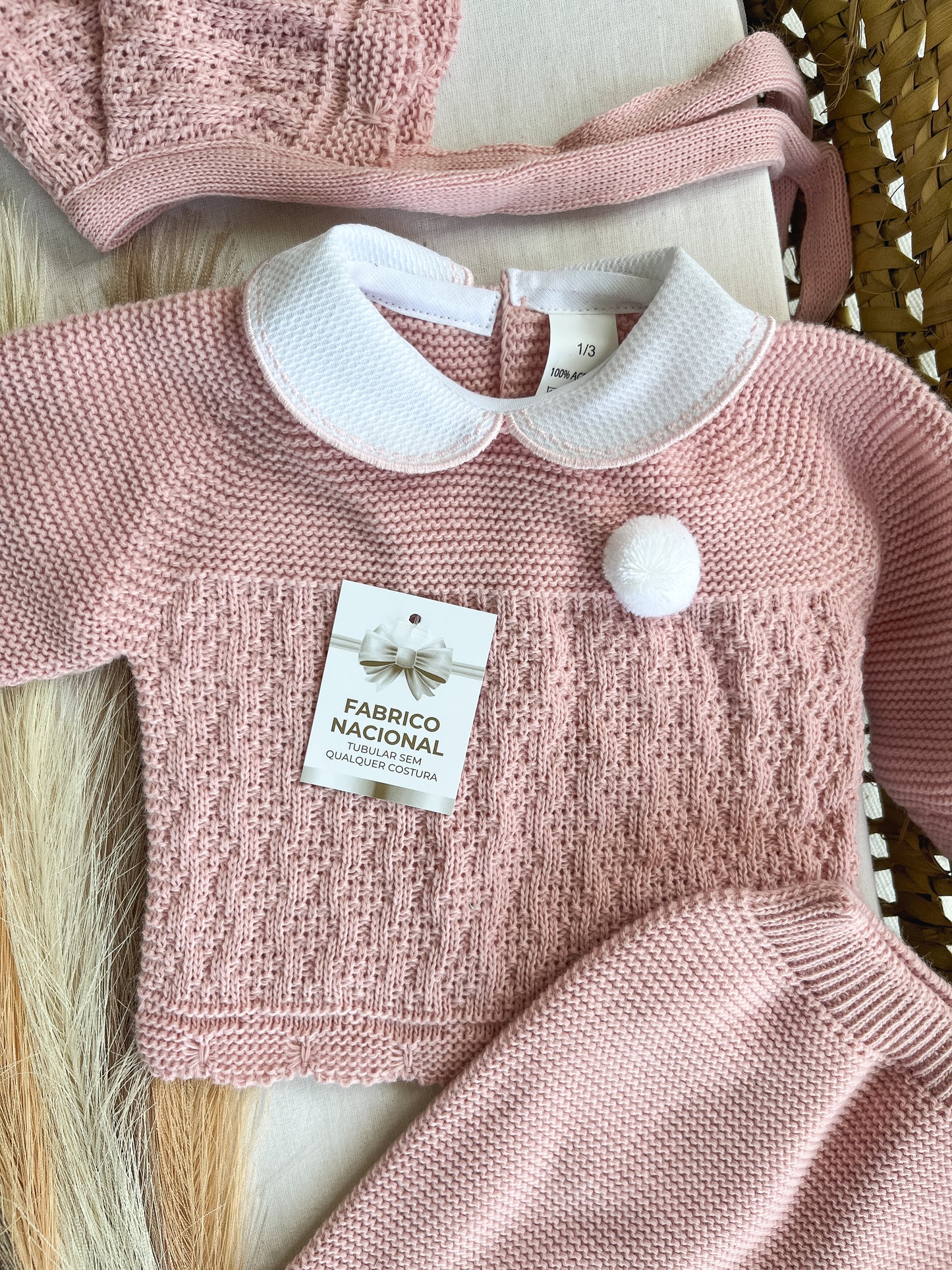Conjunto de malha 3 peças bebé rosa velho
