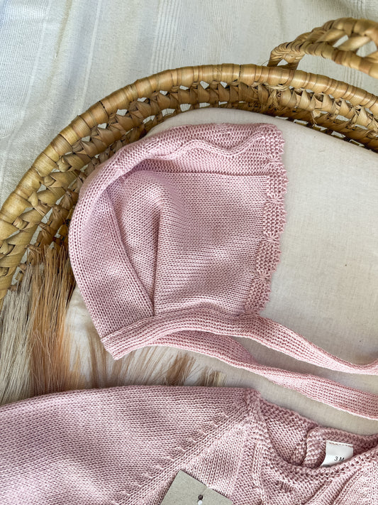 Conjunto de malha bebé 3 peças rosa velho