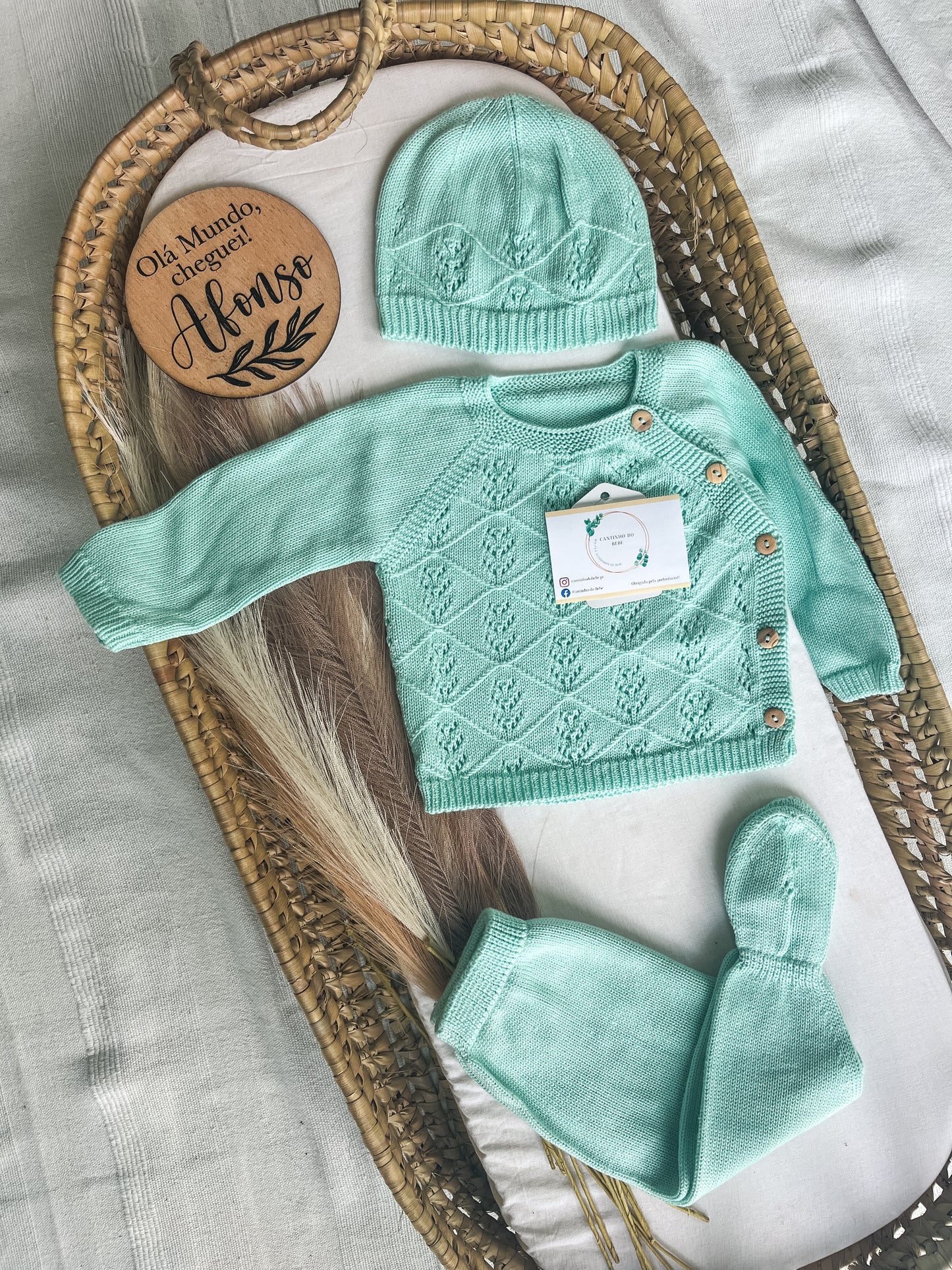 Conjunto de malha 3 peças bebé verde menta