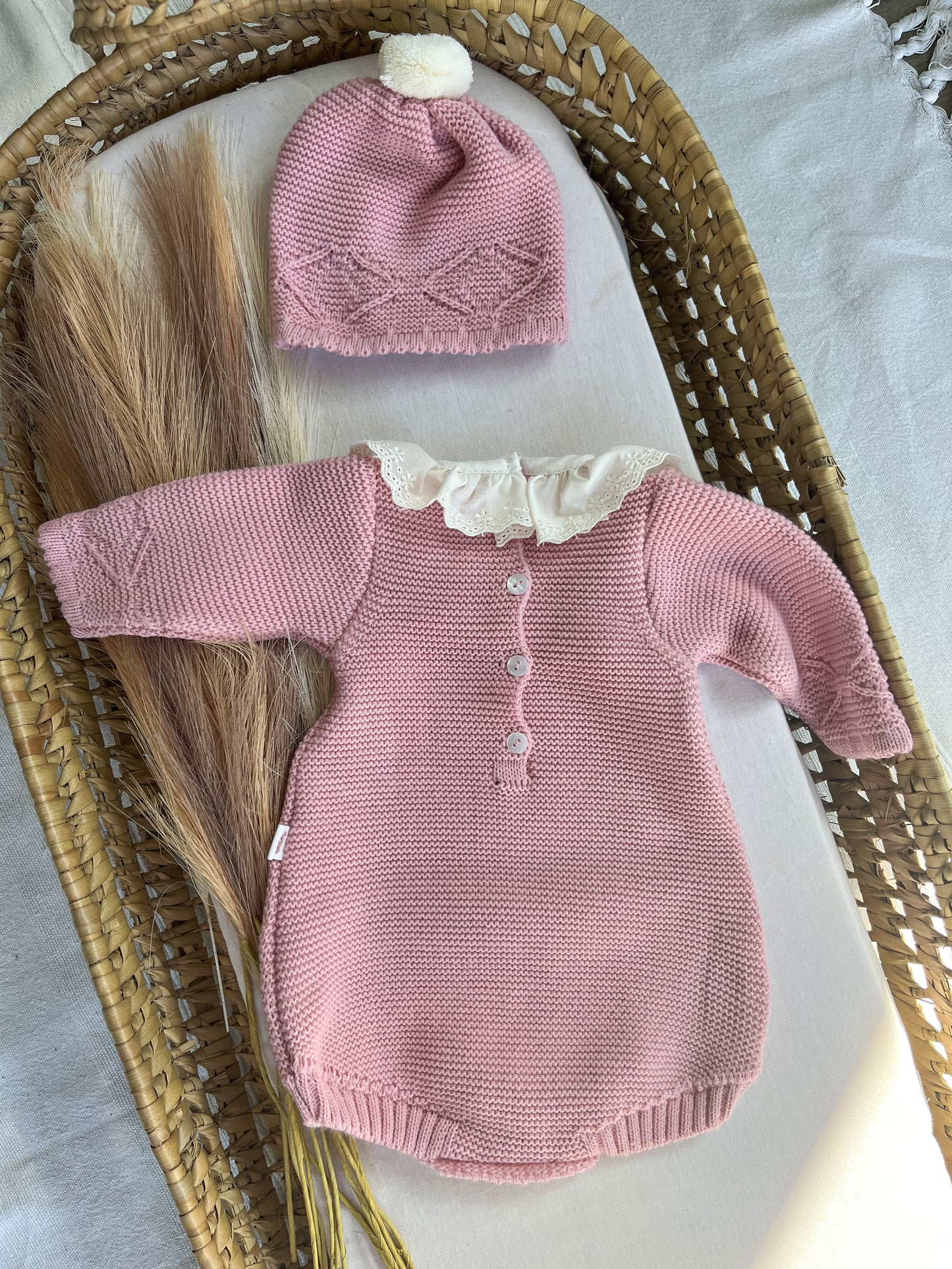 Conjunto de malha 2 peças fofo e gorro rosa velho
