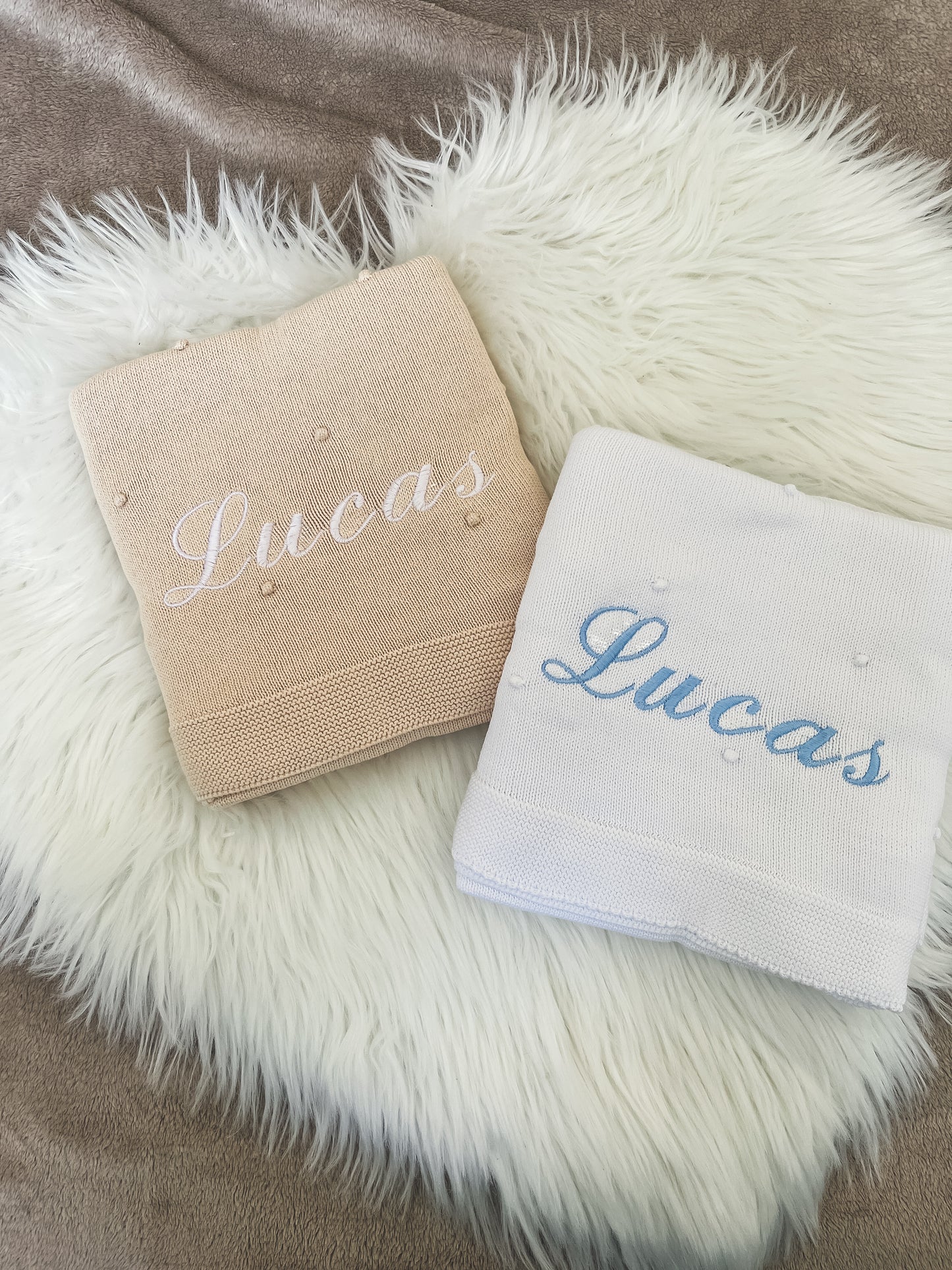 Manta de malha branco pérola para bebé personalizável com nome