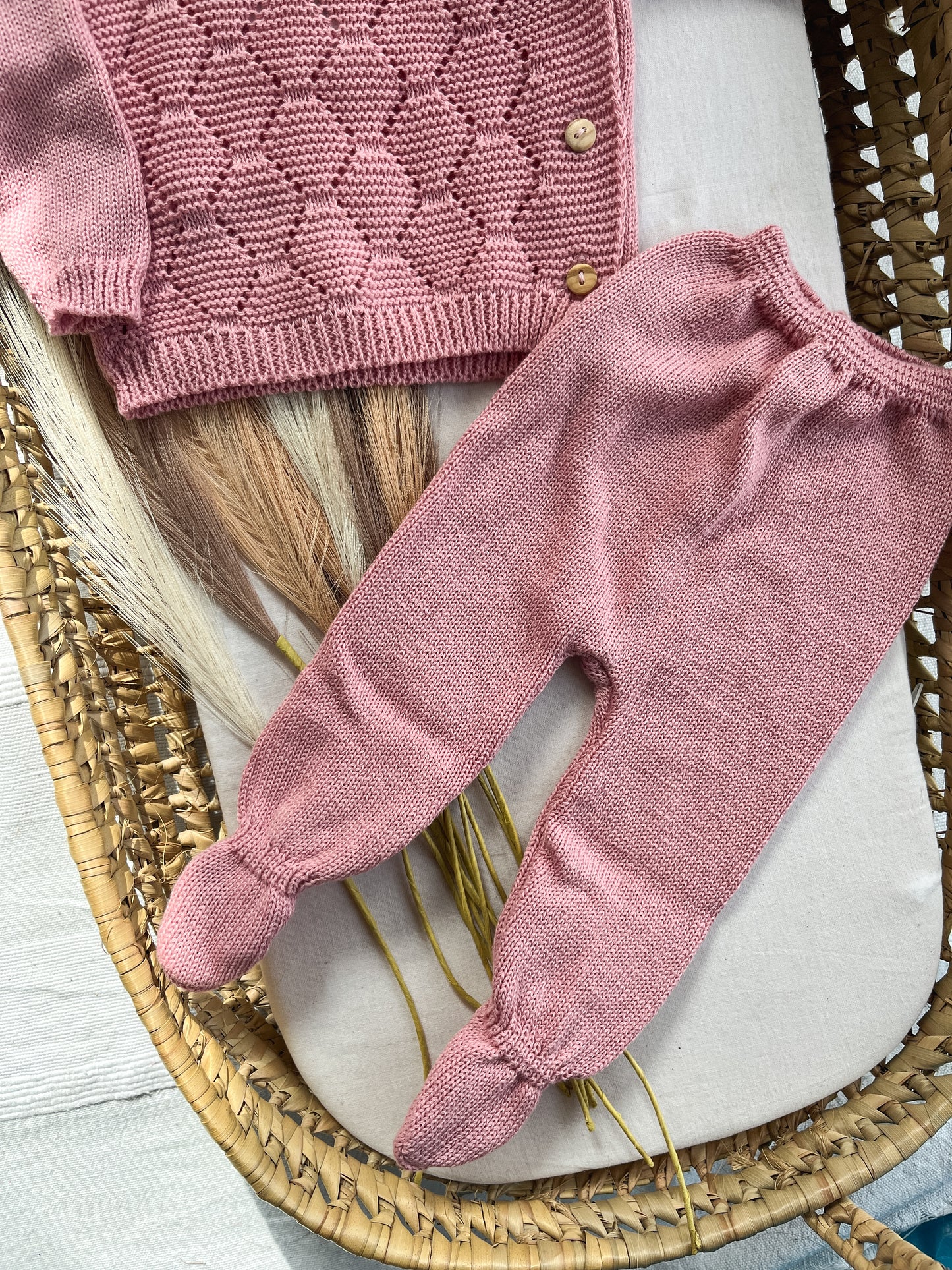 Conjunto de malha bebé 3 peças rosa