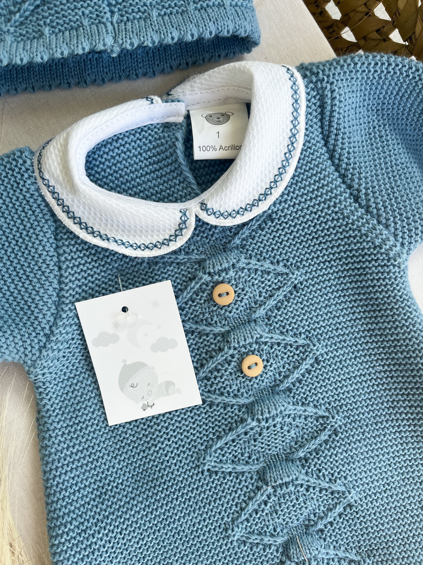 Conjunto de malha 2 peças fofo e gorro azul