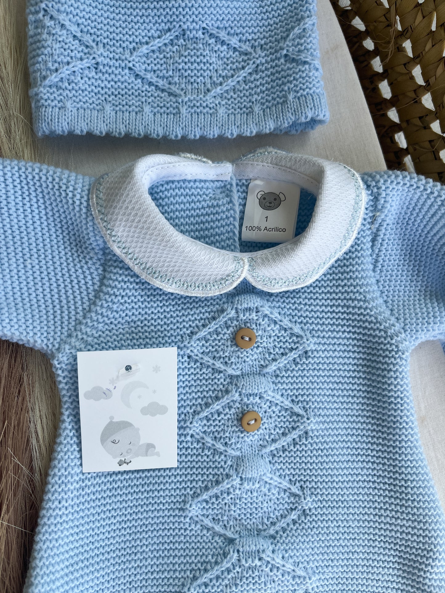 Conjunto de malha 2 peças fofo e gorro azul