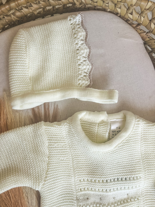 Conjunto de malha 3 peças bebé branco pérola