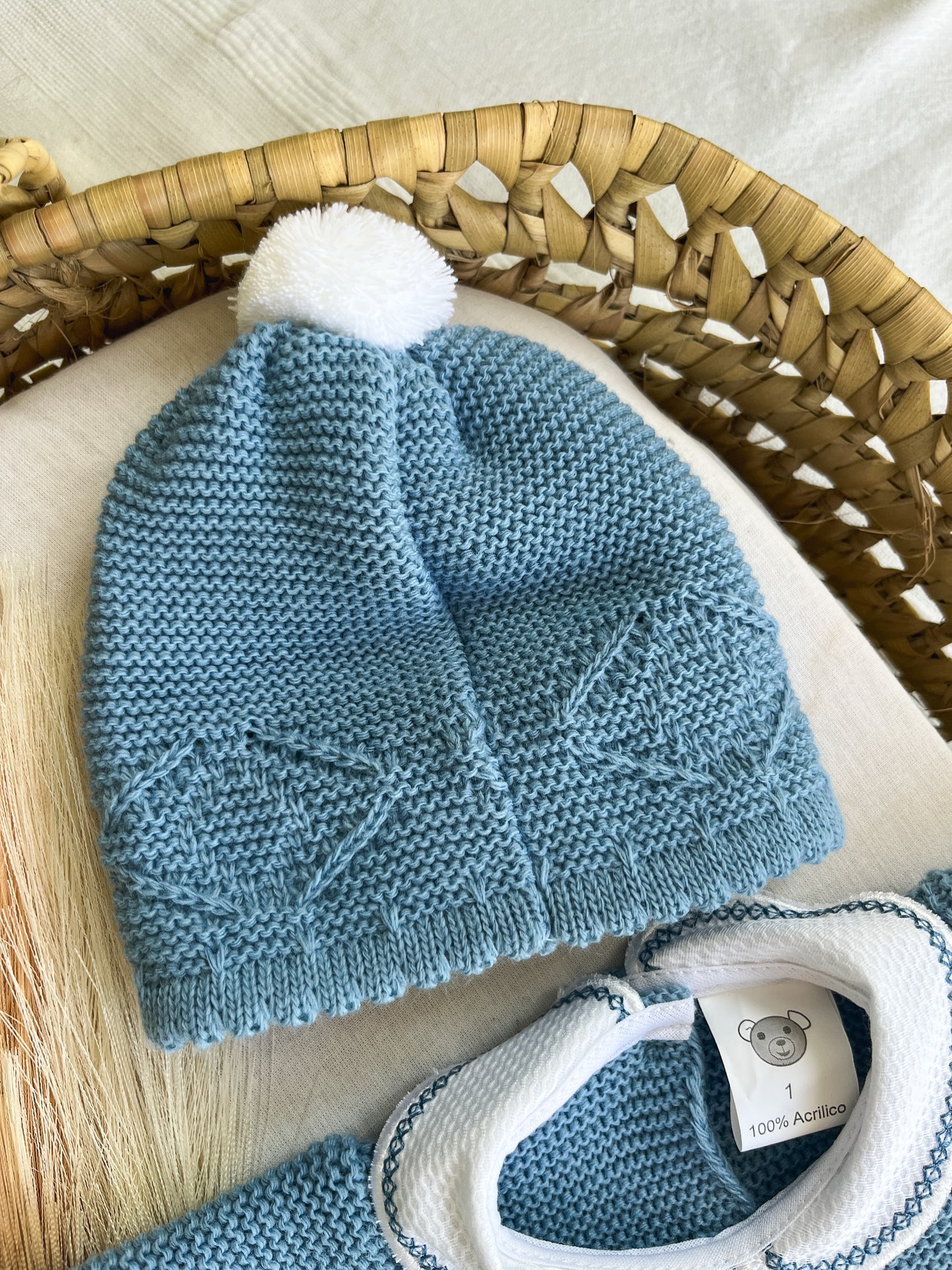 Conjunto de malha 2 peças fofo e gorro azul