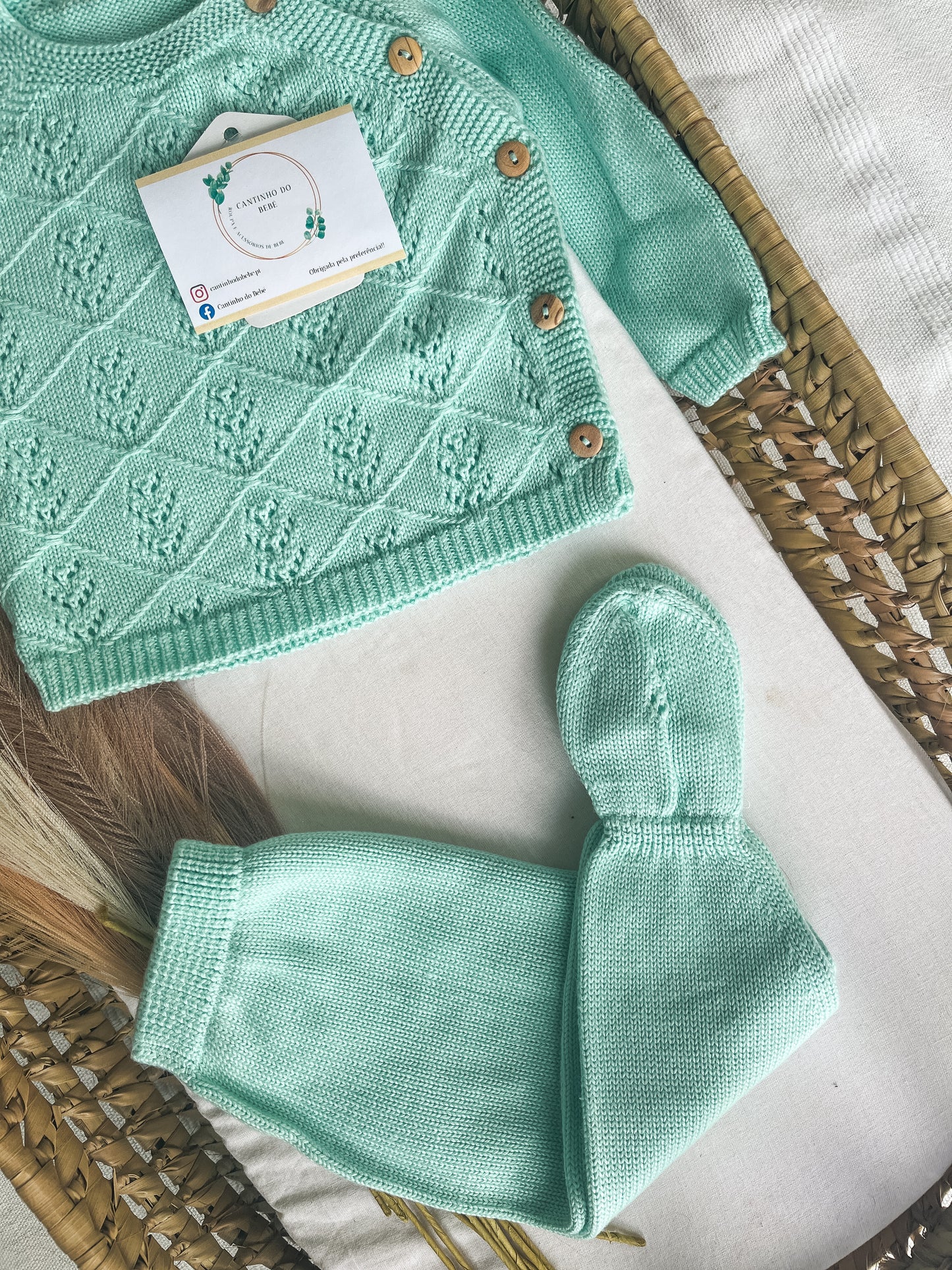 Conjunto de malha 3 peças bebé verde menta