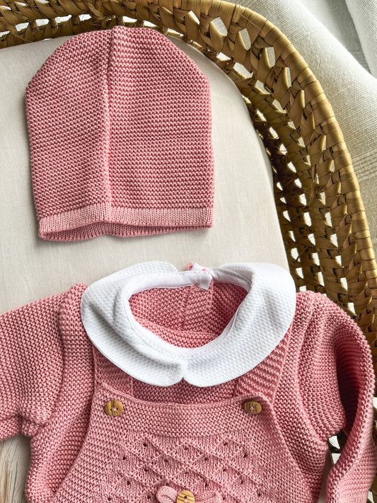 Conjunto de malha bebé 3 peças rosa velho