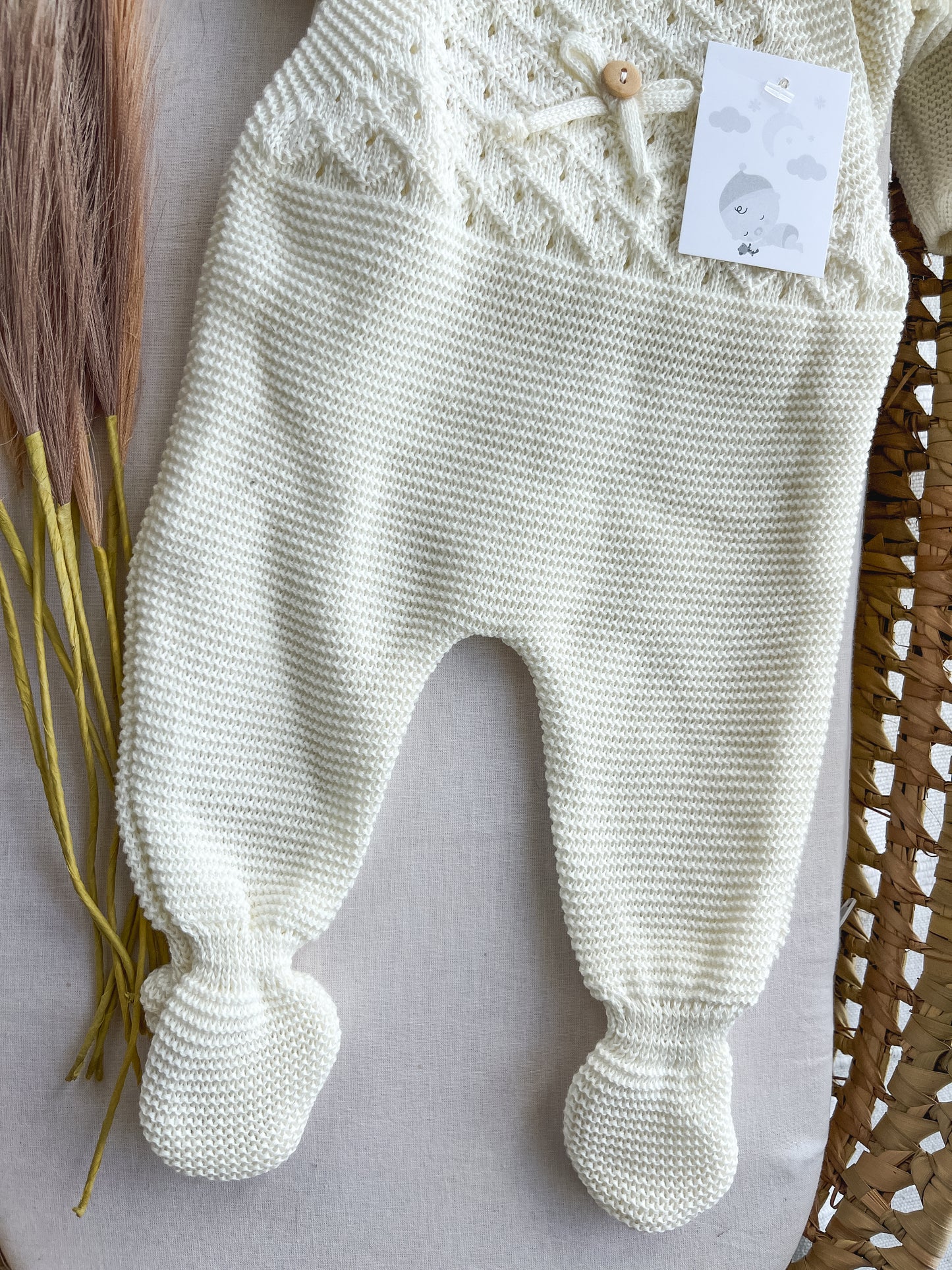 Conjunto de malha bebé 3 peças branco pérola