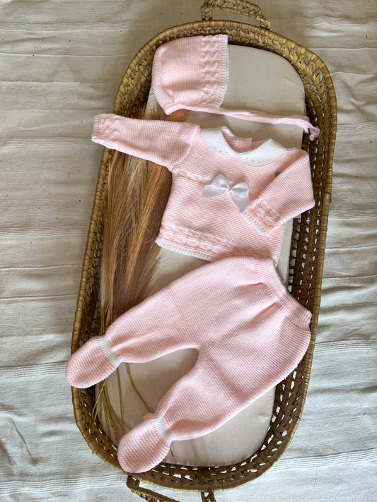 Conjunto de malha 3 peças bebé rosa