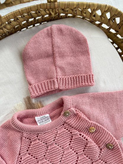 Conjunto de malha bebé 3 peças rosa
