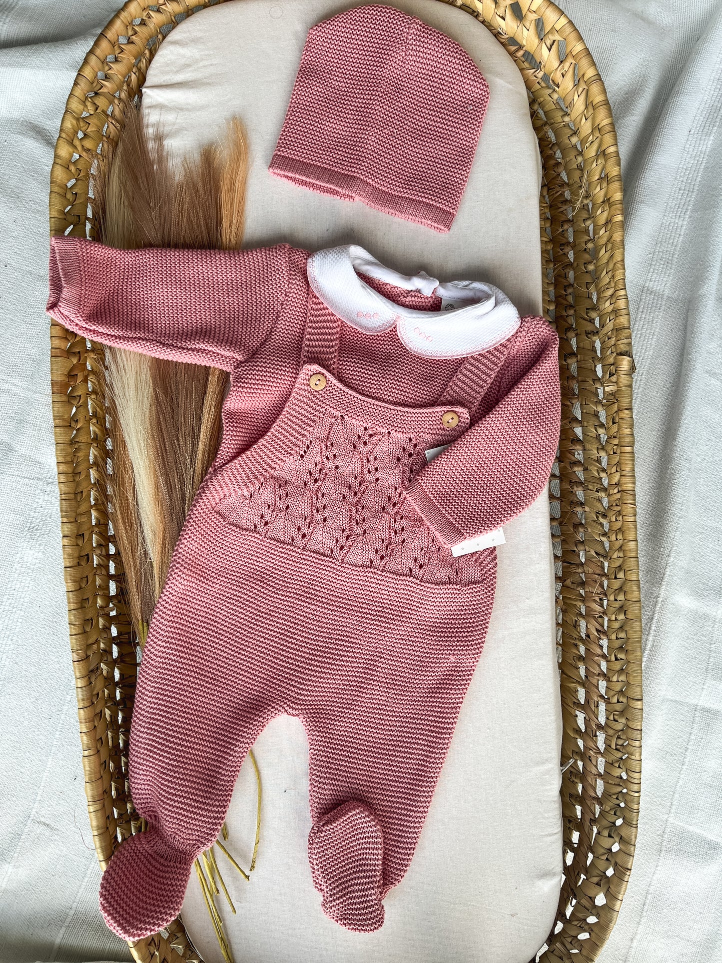 Conjunto de malha bebé 3 peças rosa velho