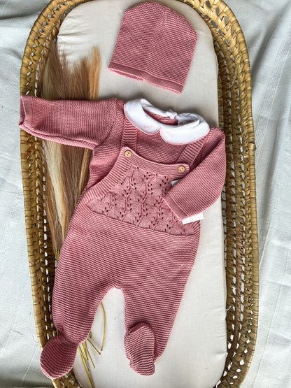 Conjunto de malha bebé 3 peças rosa velho