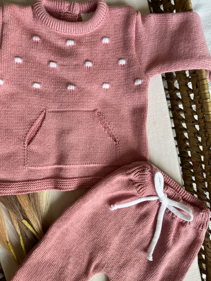 Conjunto de malha bebé 3 peças rosa