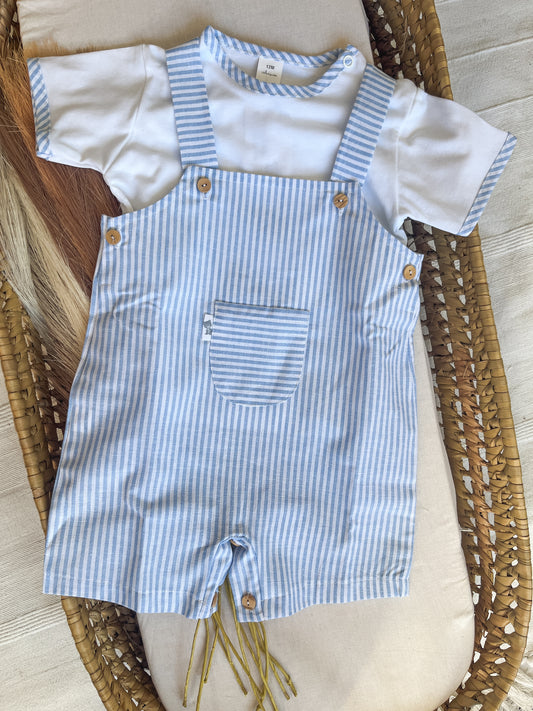 Conjunto de jardineira com blusa bebé menino azul bebé