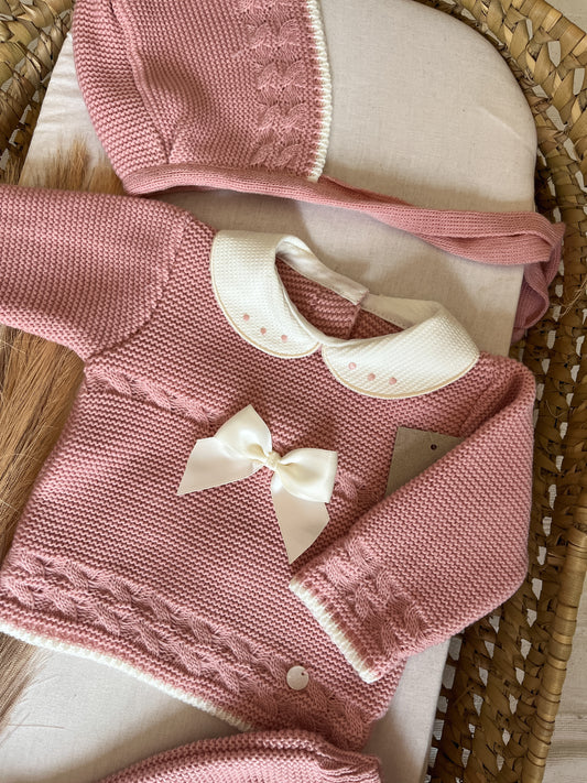 Conjunto de malha 3 peças bebé rosa