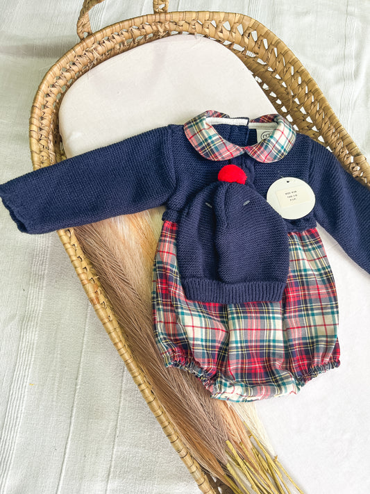 Fofo/jardineira em malha com gorro bebé azul marinho e vermelho