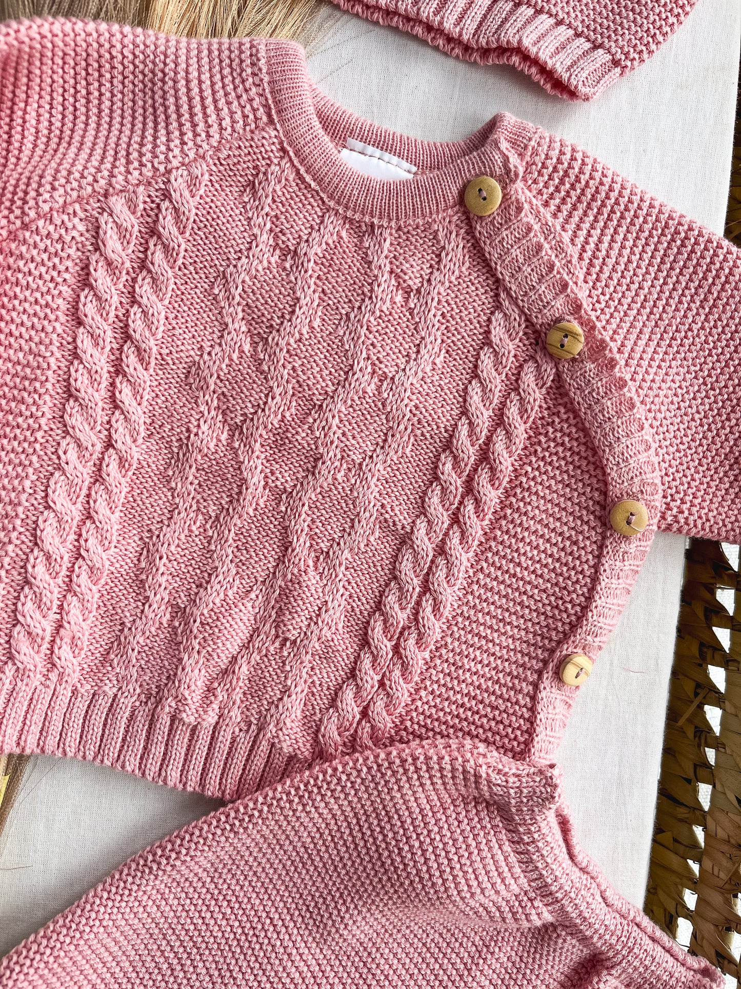 Conjunto de malha bebé 3 peças rosa velho