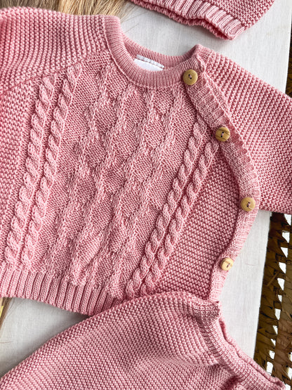 Conjunto de malha bebé 3 peças rosa velho