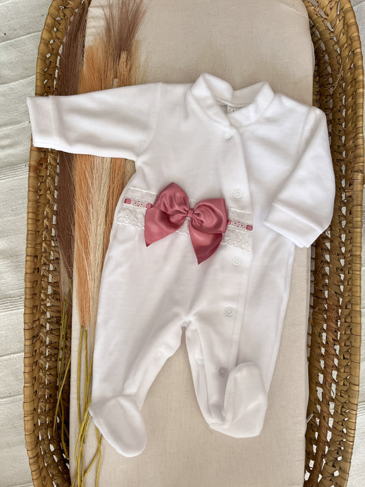 Babygrow de veludo bebé laço rosa velho personalizável com nome