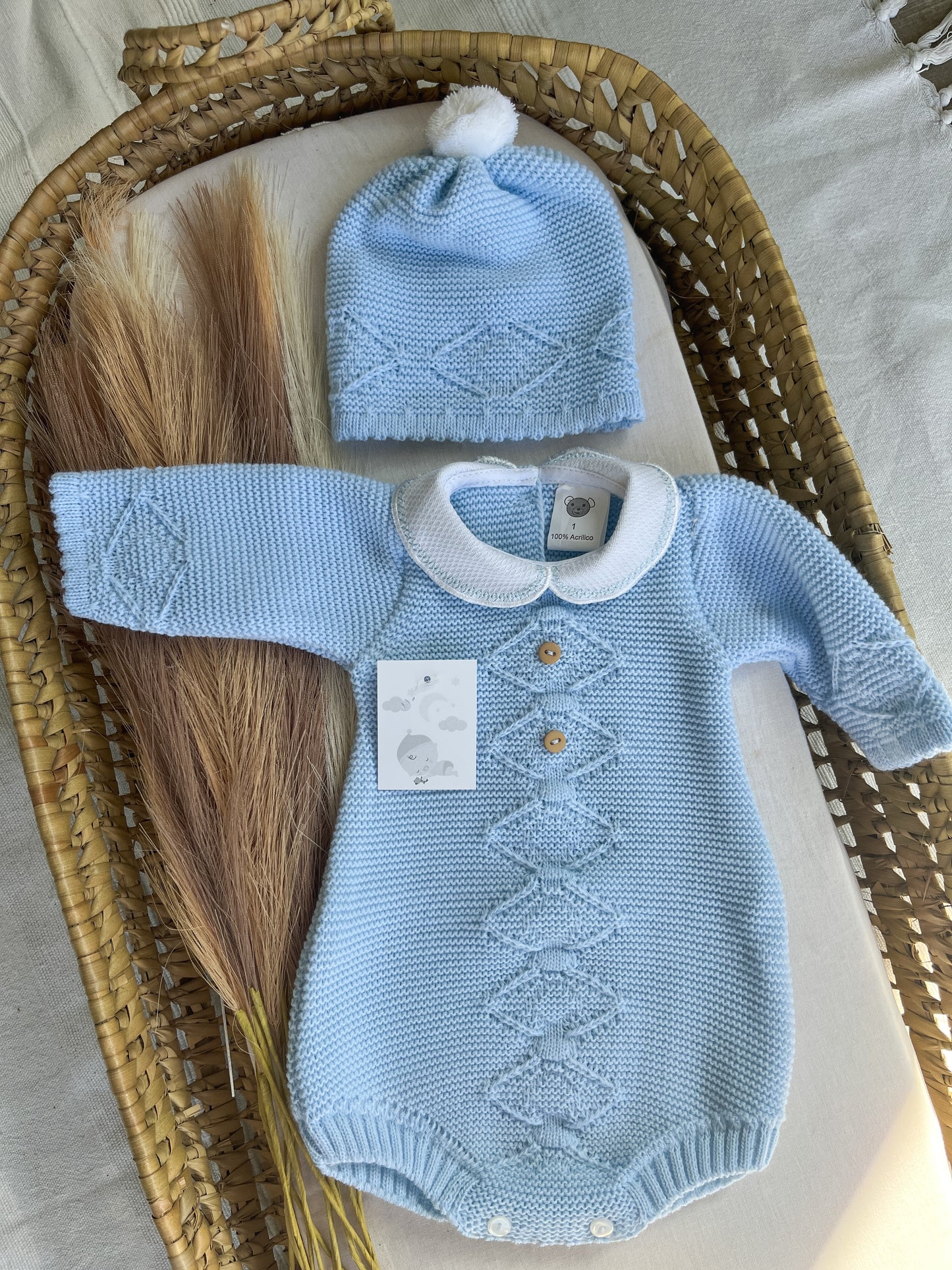 Conjunto de malha 2 peças fofo e gorro azul
