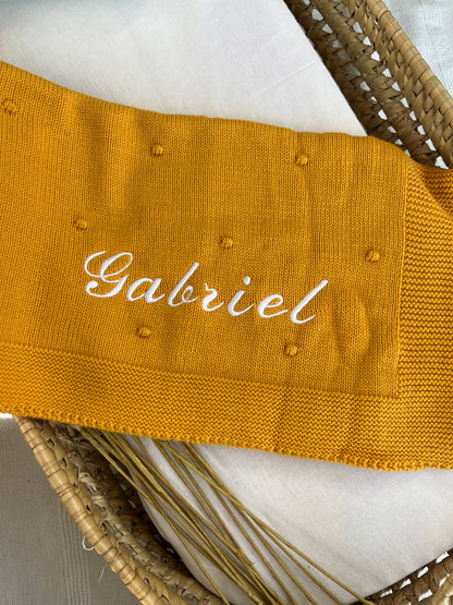 Manta de malha amarelo mostarda para bebé personalizável com nome