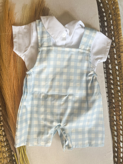 Conjunto de jardineira com blusa bebé menino azul