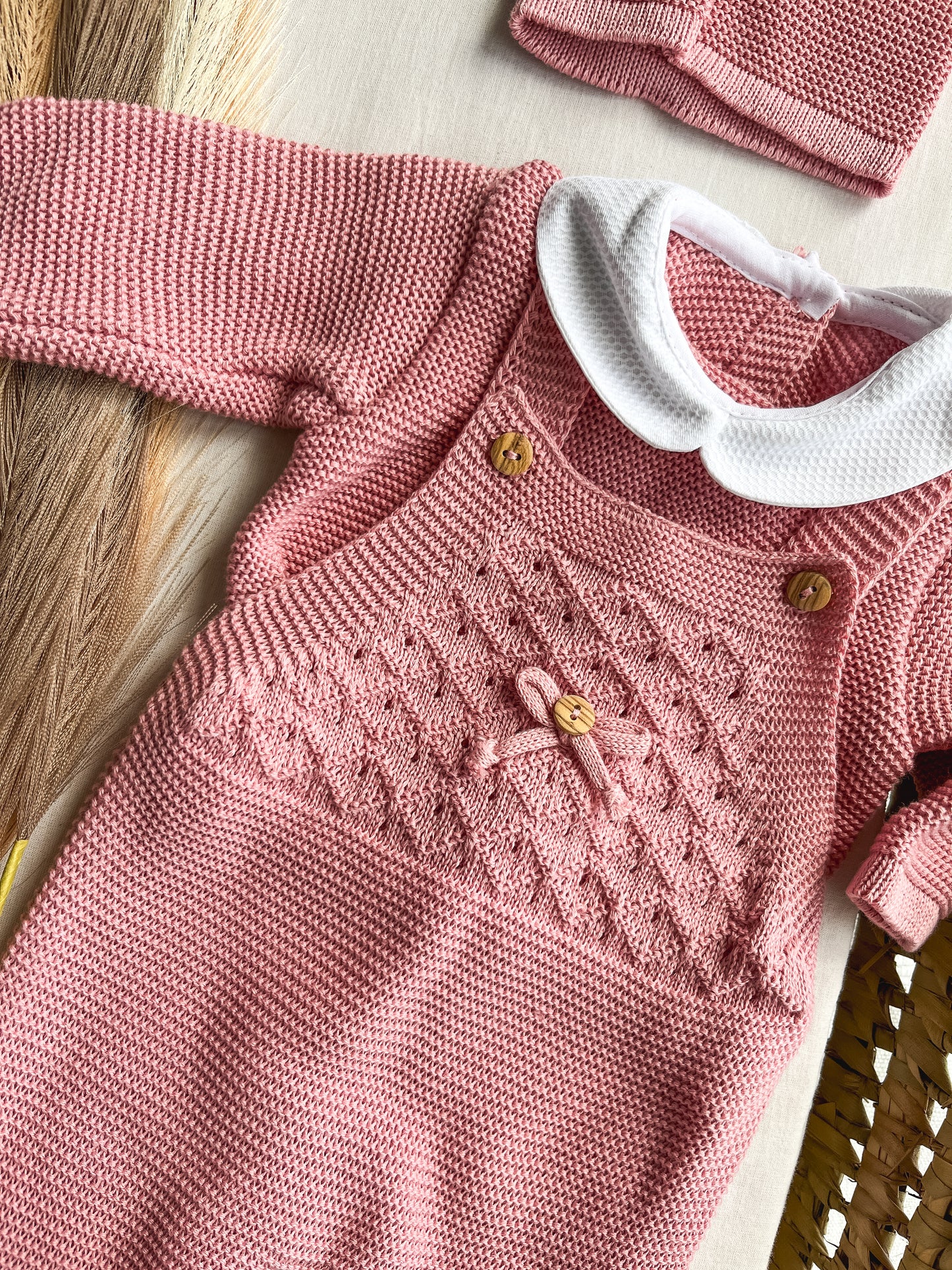 Conjunto de malha bebé 3 peças rosa velho