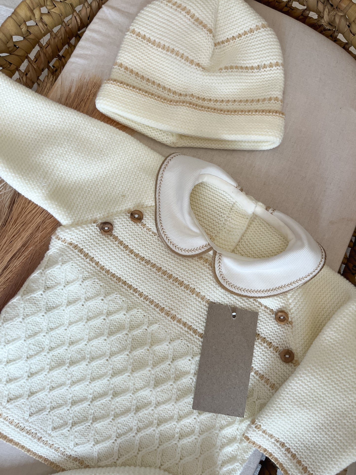 Conjunto de malha 3 peças bebé branco pérola