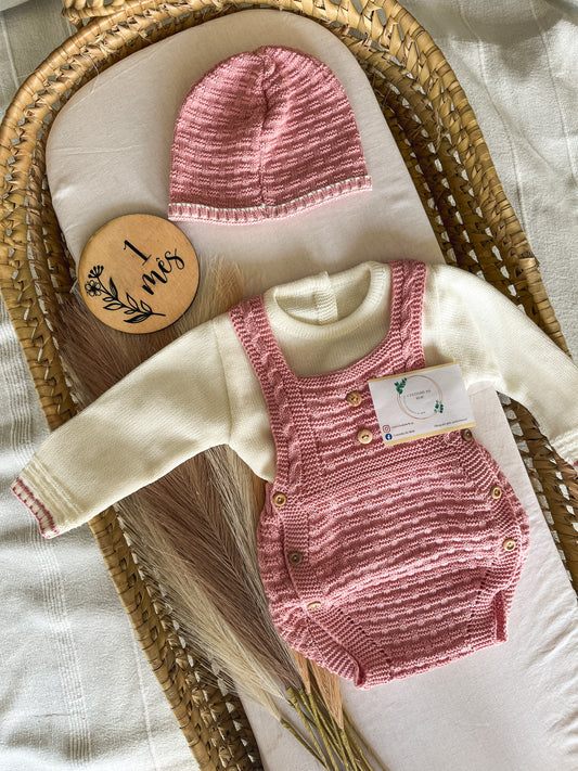 Conjunto de malha bebé 3 peças rosa velho