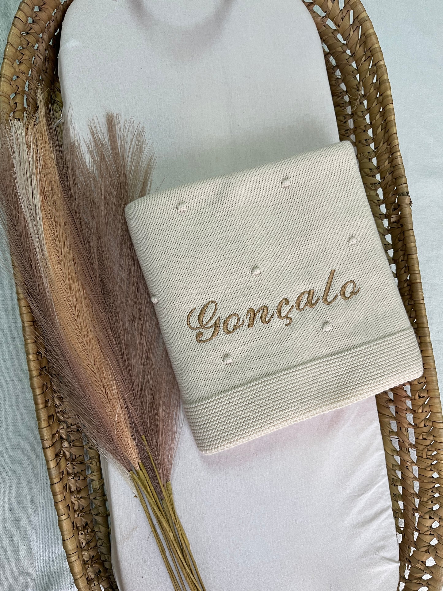 Manta de malha bege para bebé personalizável com nome