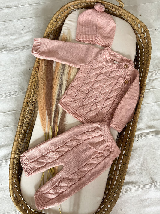 Conjunto de malha 3 peças bebé rosa