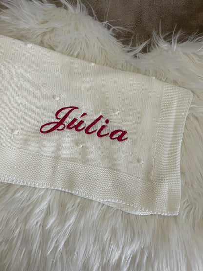 Manta de malha branco pérola para bebé personalizável com nome