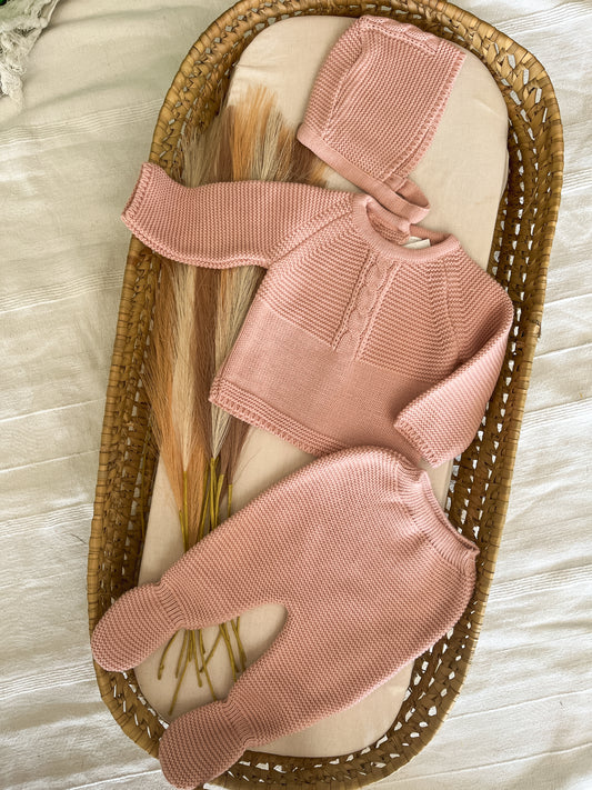 Conjunto de malha 3 peças bebé rosa velho