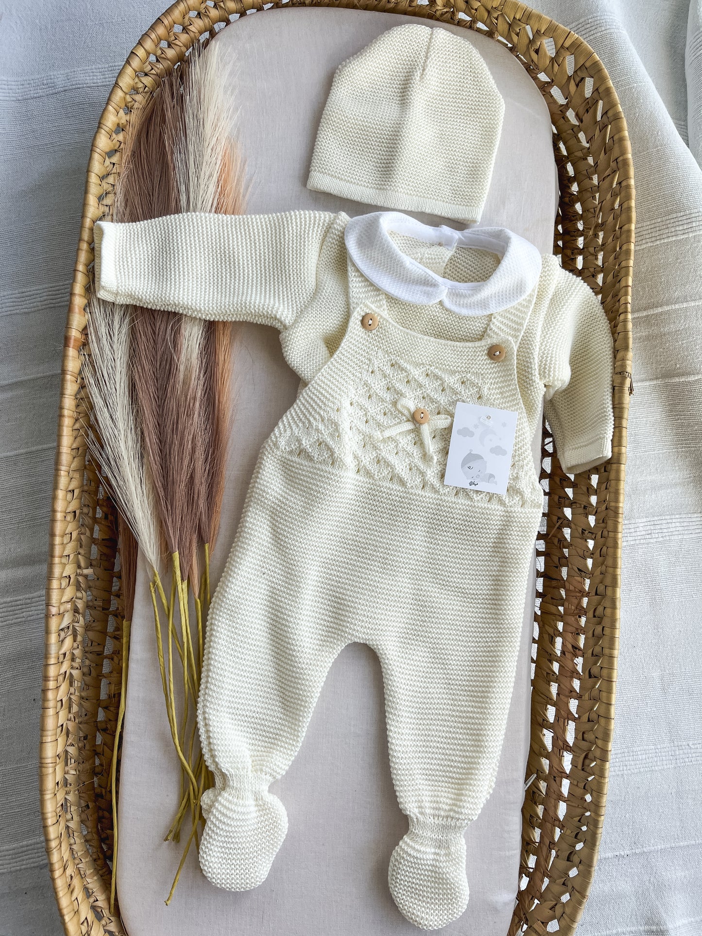 Conjunto de malha bebé 3 peças branco pérola