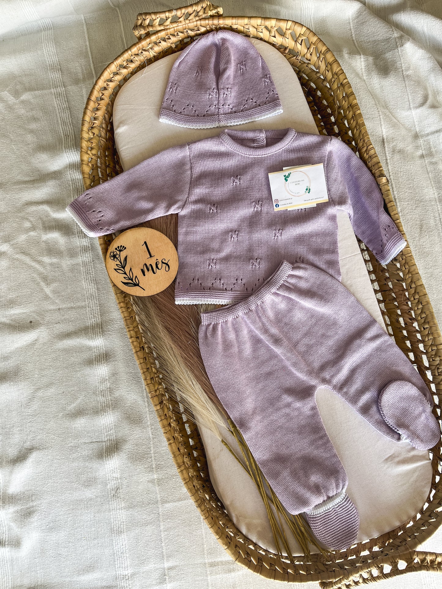 Conjunto de malha bebé 3 peças lavanda
